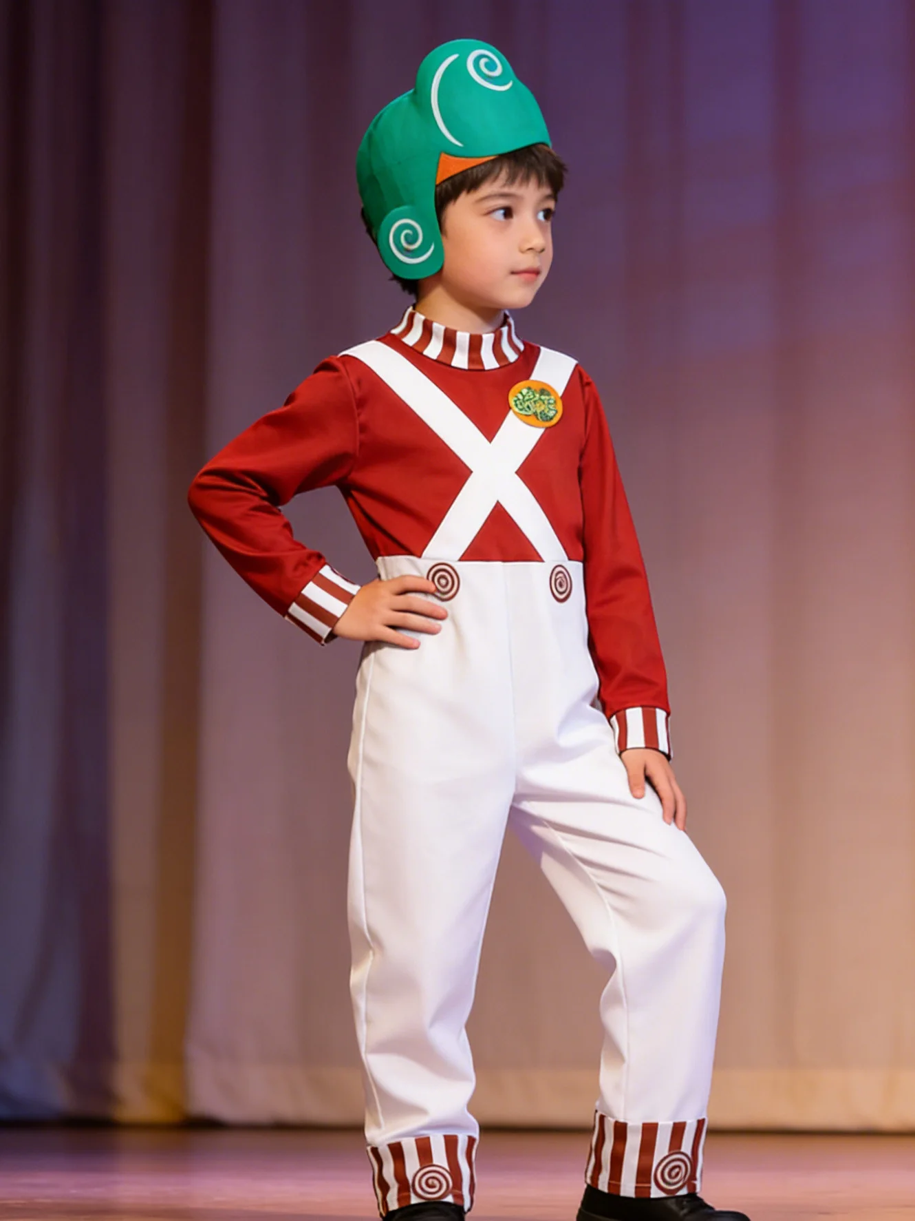 Conjunto de Disfraz para Niños: 1 Mono de Dos Piezas Falso + 1 Máscara con Cierre de Velcro, la Máscara Tiene un Estampado de Cabello Verde, el Mono Tiene un Estampado de Mono de Dos Piezas Falso, los Pantalones y las Puños son Ajustables, Disfraces de Trabajador para Halloween y Varias Ocasiones, Disfraz de Navidad para Niños