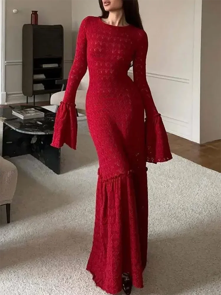 Autumn Flare Long Sleeve Slim Bodycon Dress Womens Fashion Solid Color Hollow Out Knitted Dress Winter Stretchy Cover Boho Dress