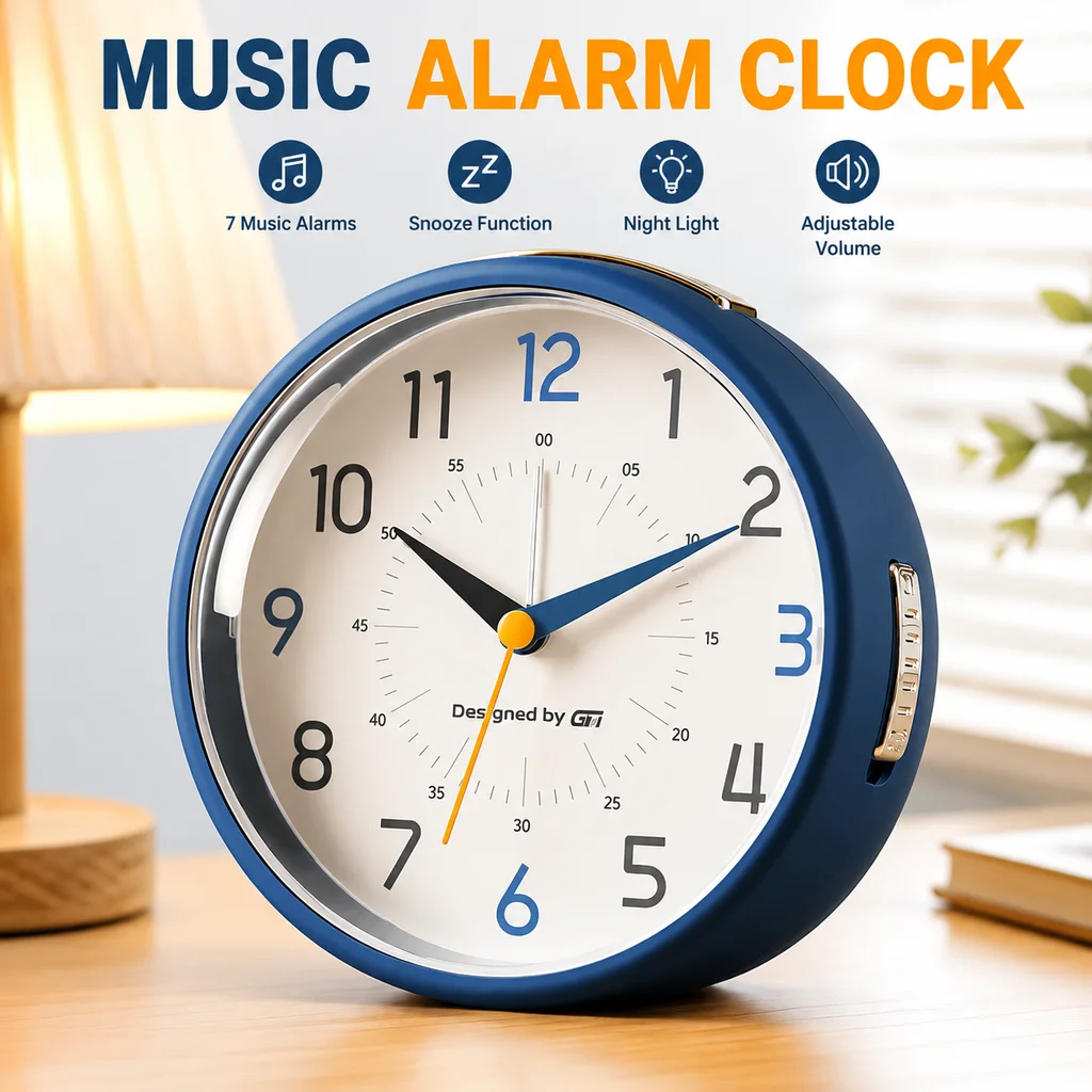 A Stylish New desktop Silent Music Alarm Clock with A Snooze Function and A Simple Night Light, Powered by 2 Batteries