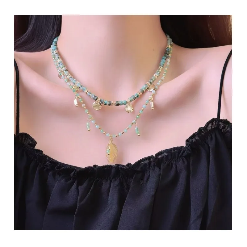 

Bohemian Leaves Green Turquoise Beaded Necklace Female New Chinese Niche Design Retro Ethnic Wind Collarbone Chain