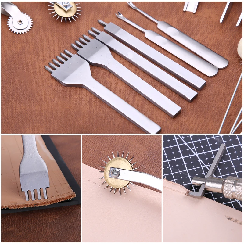 KRABALL Leather Craft Tool Kit Leather Hand Sewing Repair Kit Stitching Punch Carving Work Groover Set DIY Tool Set Professional