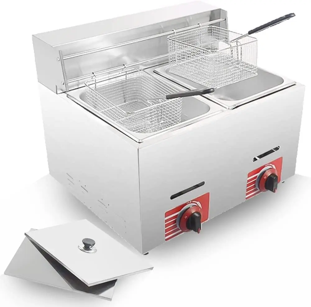 Commercial LPG Gas Deep Fryer With 8L Basket and Lid Stainless Steel Countertop Propane-LPG FY71 for Chips Fast Food Restaurant