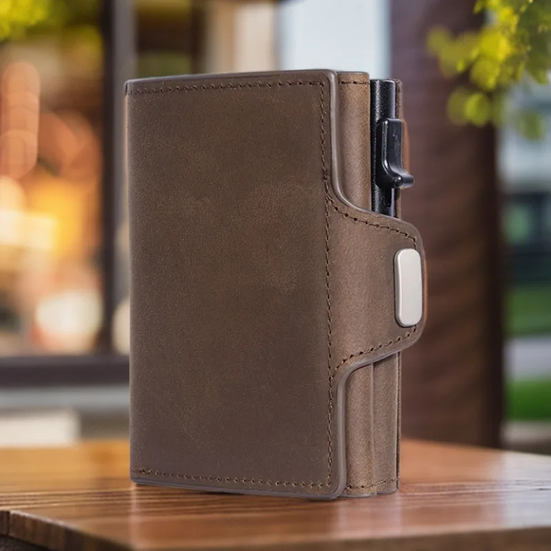 Men's Genuine Leather RFID Blocking Automatic Pop-Up Credit Card Holder Wallet with Coin Pocket Mini Aluminum Alloy Women Purse