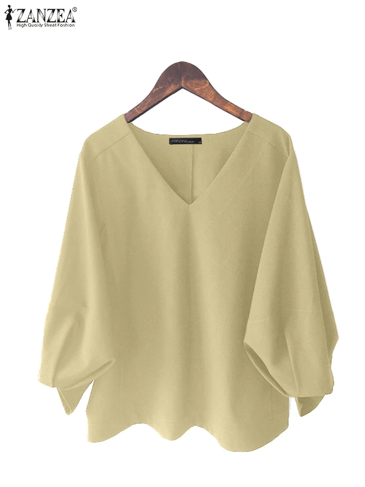 

ZANZEA Solid 3/4 Sleeve Blouse Women V Neck Autumn Tops 2025 Fashion Lantern Sleeve Elegant Tunic Casual Loose Pullovers
