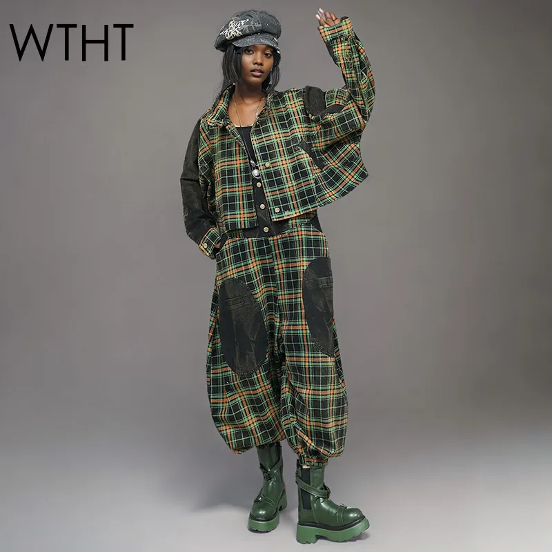 

WTHT Trendy Women's Lapel Long Sleeves Plaid Denim Jacket Patchwork Single Breasted Rompers Female 2025 Summer 1LS2108