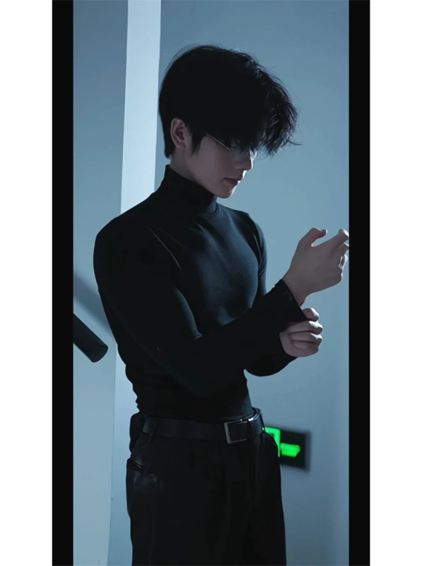 

Мужской приталенный свитер с длинным рукавом и высоким воротником из пряжи Core Spun, стандартной длины, повседневный, из модала и шерсти