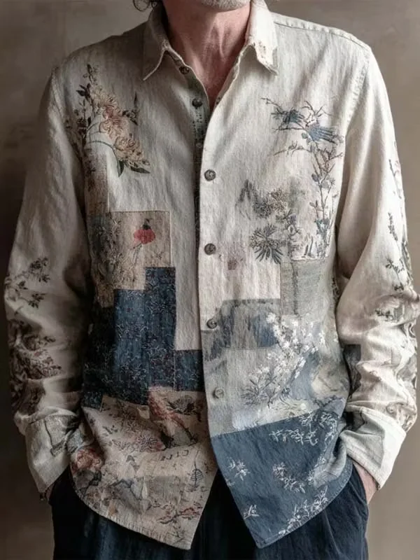 

New retro patchwork Chinese style flower and bird print men's long sleeved shirt artistic casual shirt clothing