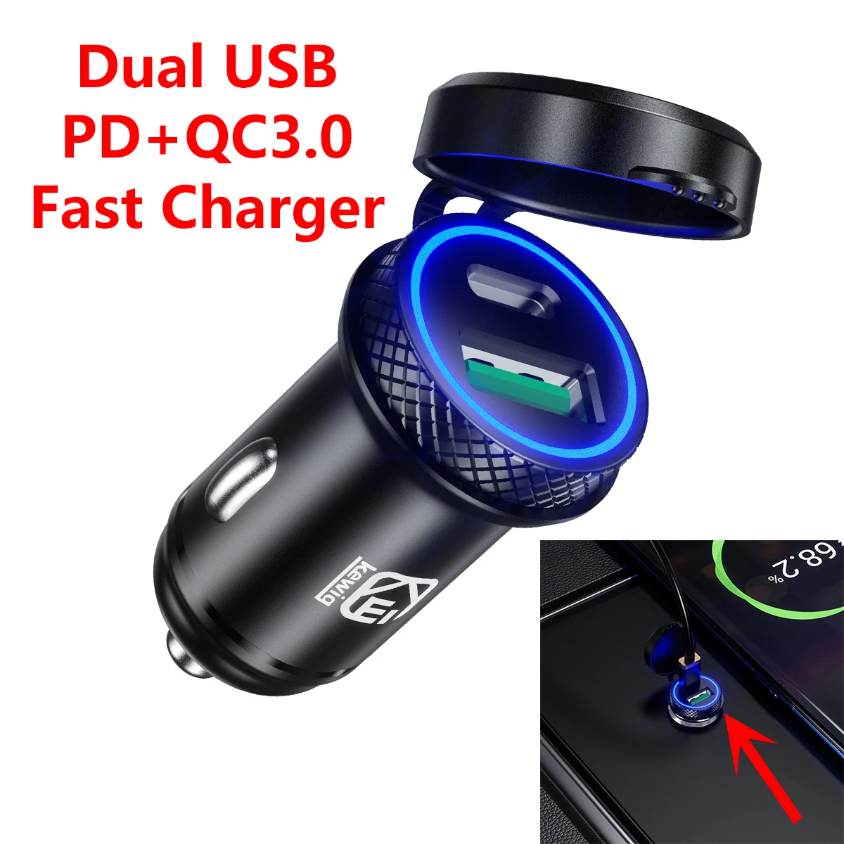 

PD Type-C QC3.0 30W USB Car Charger Power Adapter Aluminum Alloy Fast Charging Dual Ports 12V 24V for Laptop Truck Motorcycle