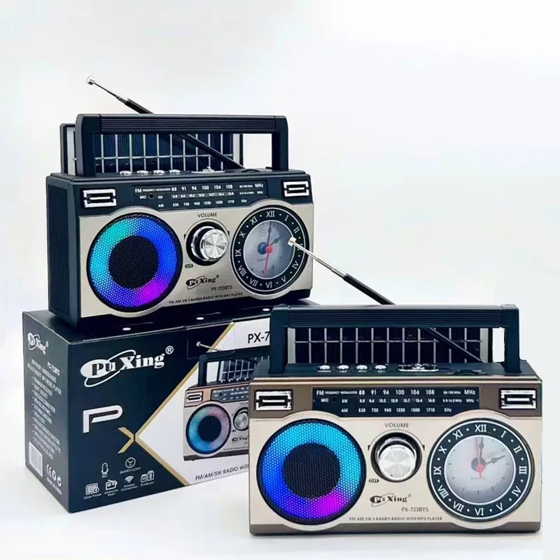 

Retro PX-723BTS Vintage Radio Wireless Bluetooth Speaker Portable USB FM/AM/SW Multiband Clock Radios Recorder with RGB Light TF