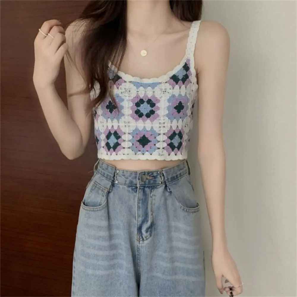 Comfortable Breathable Sweet Floral Print Short Slim Hot Tops Cotton Cardigan Female Camisole Embroidery Vest Crochet Crop Tops