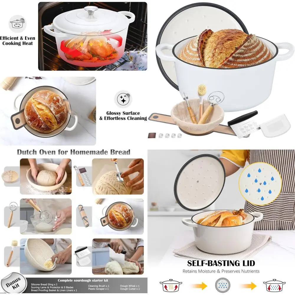 

6-Quart Enamel Cast Iron Dutch Oven with Self-Basting Lid and Sourdough Bread Making Kit, Heavy-Duty Casserole Pot with Dual Han