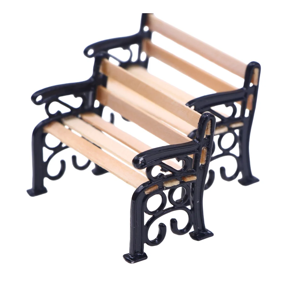 2 Pcs Mini Park Bench Wooden Furniture Adorn House Supplies Small Benches Model Miniature Garden