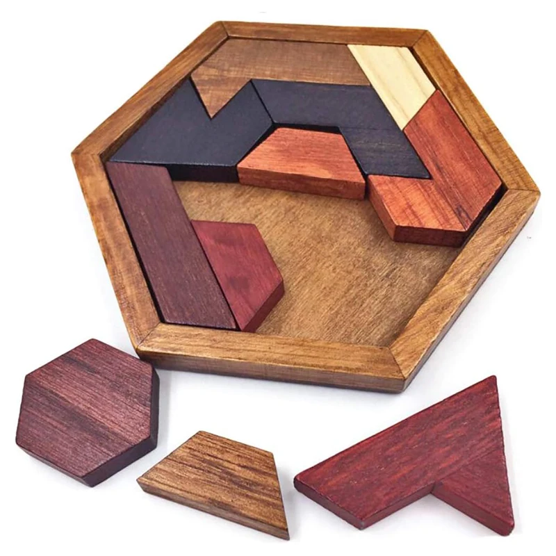 Rompecabezas hexagonal Tangram, rompecabezas de madera para adultos y niños, juegos lógicos de desafío IQ, Casse Tete Rompecabezas Montessori