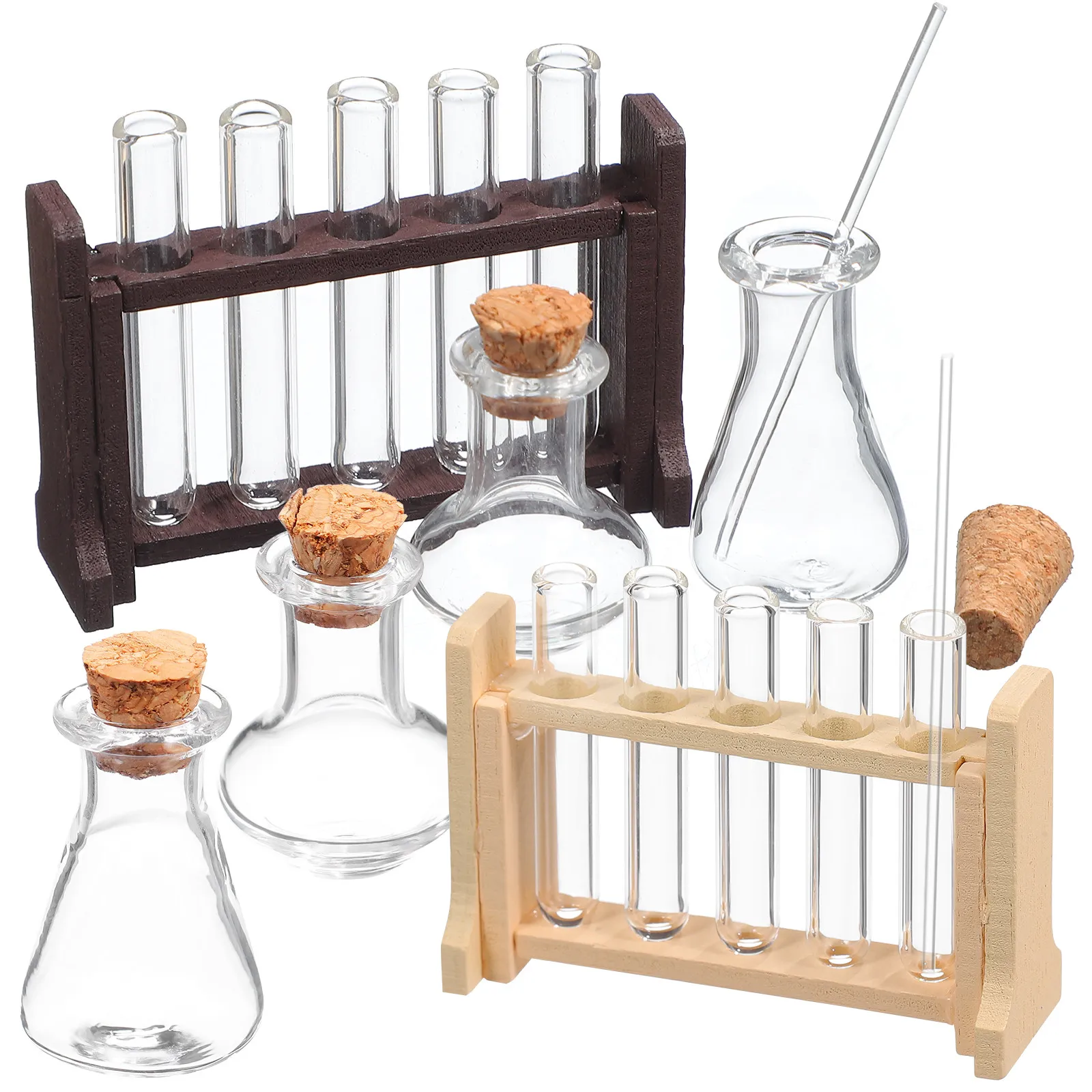 

2 Sets Miniature Test Tubes Glass Wood Rack Mini House Accessories Simulation Scientific Scene Decor Creative Micro Landscape