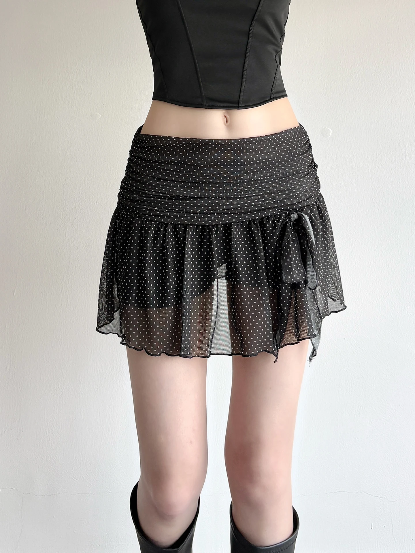 

WEEKEEP Pure Desire Polka Dot Knot Pleated Low Waist Mesh Short Skirt Versatile A-Line Half-length Skirt for Girls