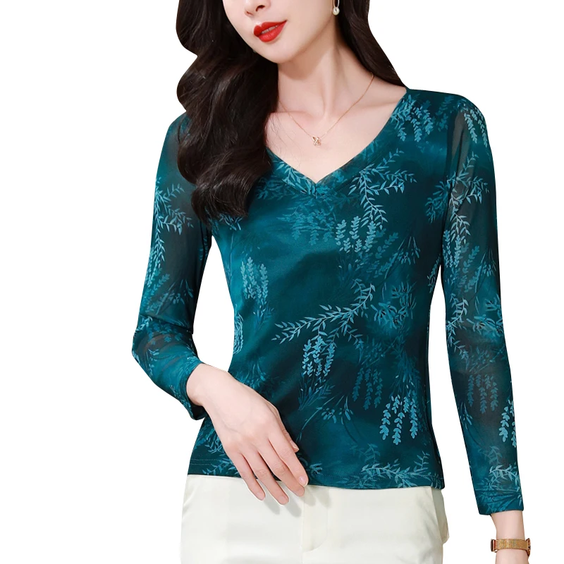

Elegant Printed Mesh T-Shirt for Women Effortlessly Chic Style V-Neck Long Sleeve Tops with High Stretch Basic Casual Pullovers