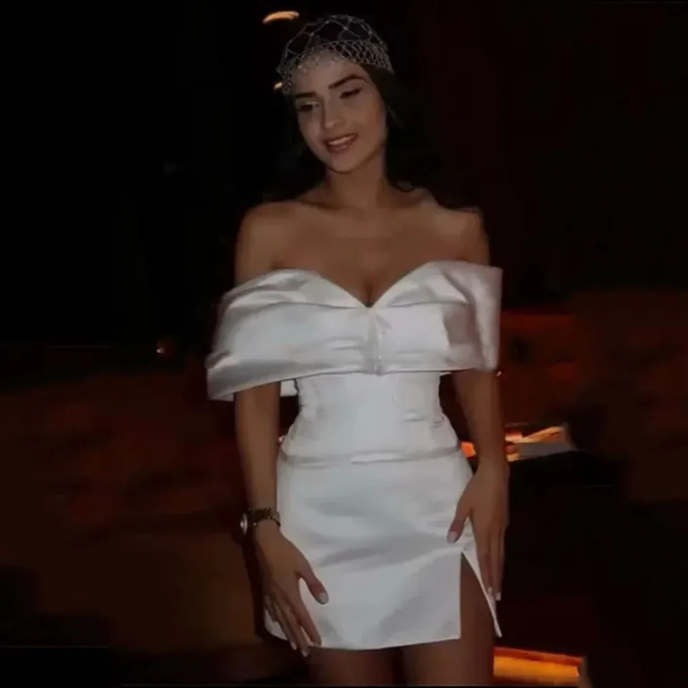 

Sexy Ivory Satin Cocktail Dress Mini Short Off The Shoulder Cocktail Gown for Women Sheath Simple Holiday Party Gown