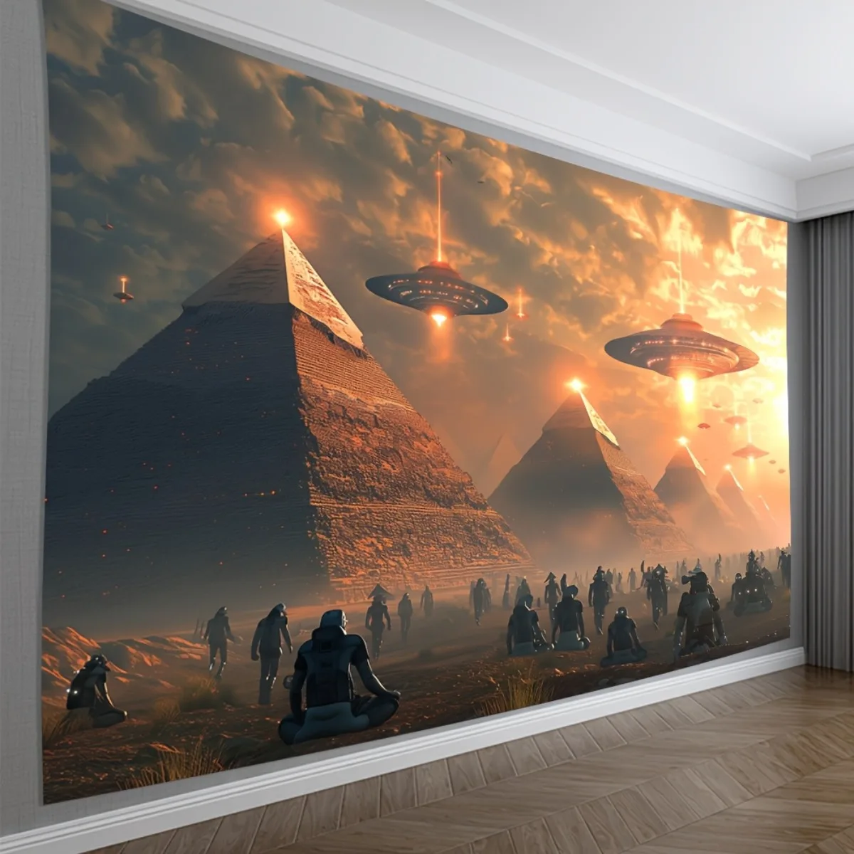 Epic Sci Fi Alien Pyramids Tapestry Wall Hanging Cosmic Sunset UFO Mural Space Adventure Decor Art Poster Bohemian Bedroom Decor