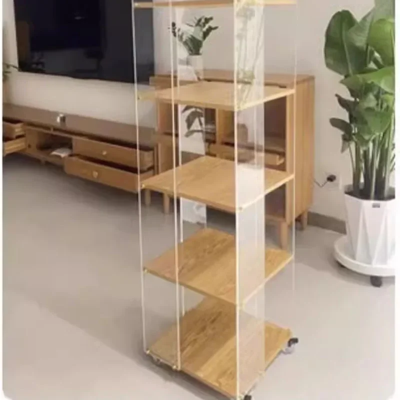 Acrylic 360 Rotating Bookshelf Mobile Multi Layer Display Stand for Living Room TV Area Solid Wood Storage Organizer