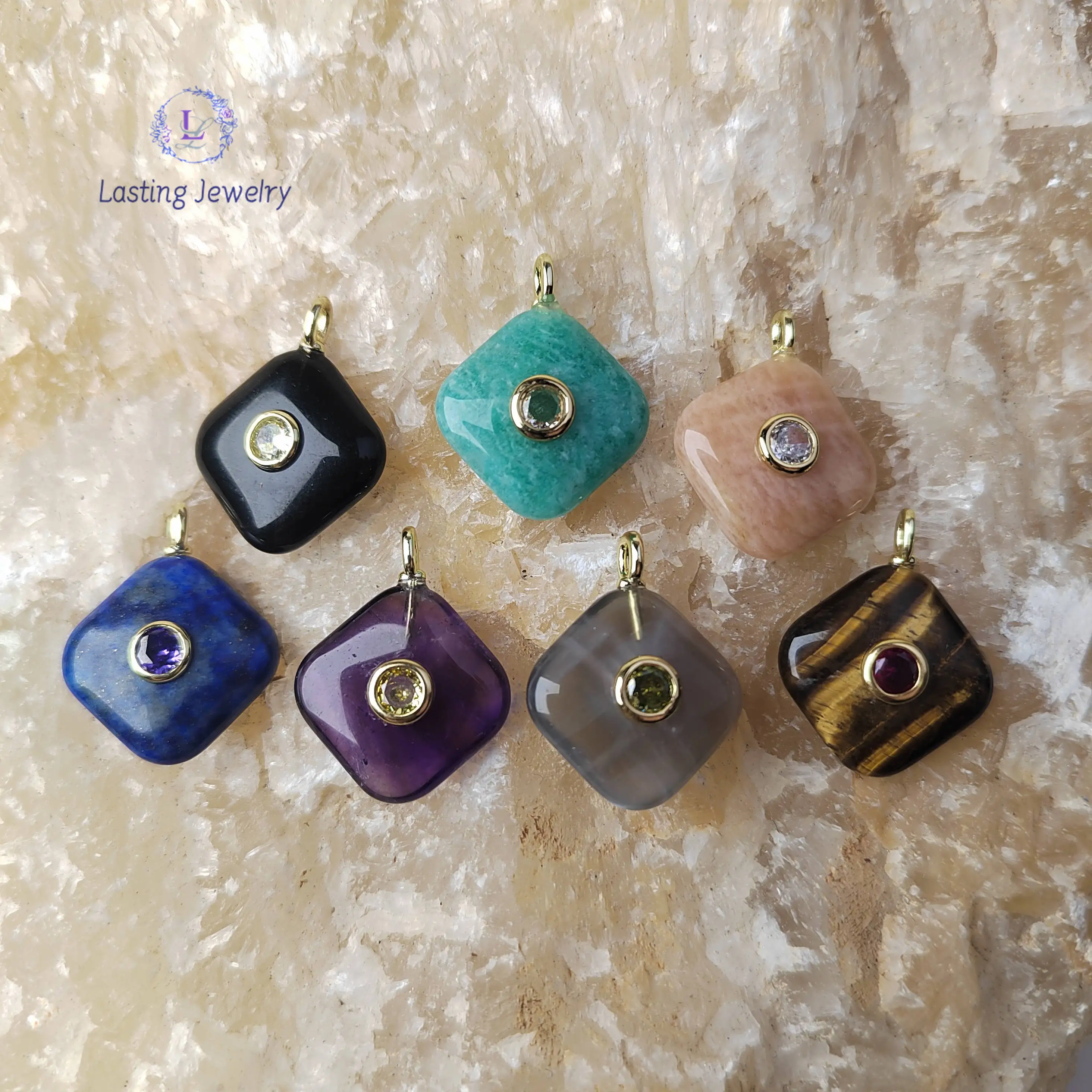 

Diamond Quartz Pendants With Inlaid Zircon Beads Charms Healing Crystal Square Gemstone Amazonite For Necklace Jewelry Making