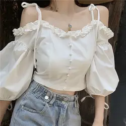 Lantern Sleeve Blouses Women Kawaii Korean Style Slash Neck Sweet Girl Summer Soft Chic Blusas Aesthetic New Basic Solid Clothes