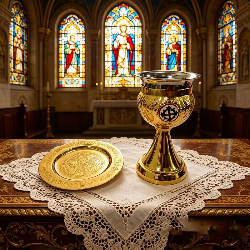 Neues 2026er vergoldetes 17cm Kelch- & 15cm Paten-Set mit Kreuz-Emaille für die orthodoxe Kirchen-Eucharistie-Liturgie, Kommunionbecher-Dekoration – Detail 3