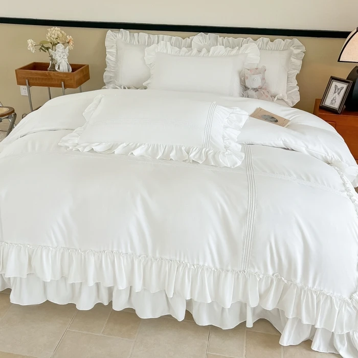 

Lewo Home 2025 new French romantic classic straight strip frilled double-layer ruffles 4-piece set flowing series flowing-white