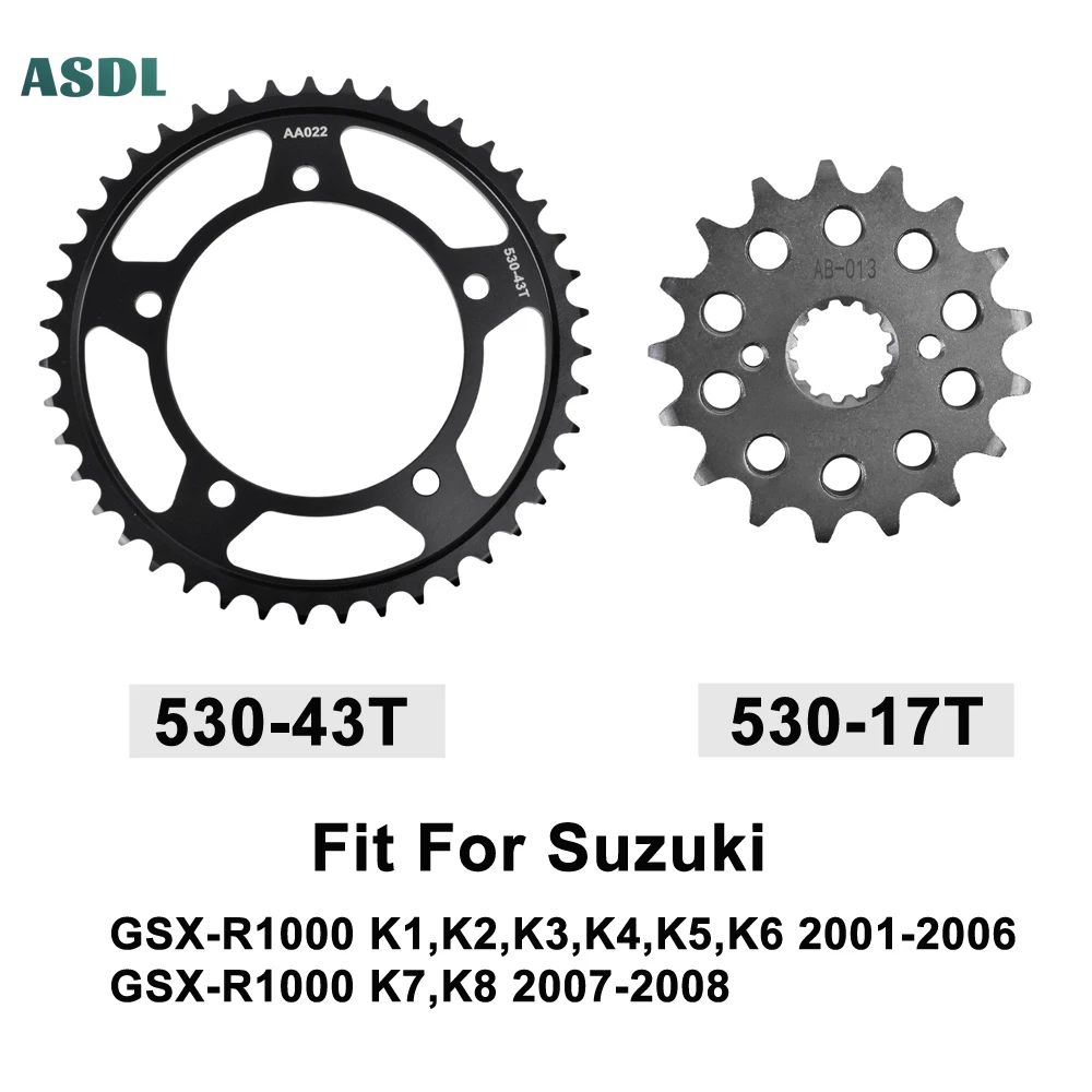 

530 Chain 43T 17T Motorcycle Front and Rear Sprocket Carburized Steel for Suzuki GSX-R1000 K1-K6 2001-2006 GSXR1000 K7 K8 07-08