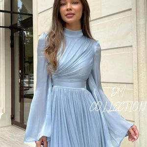 Bella Luz Azul High Ball Dresses Modesto neck Modesto the line Custom Wedding Dress Long Hand Sleeves Chiffon Plisadados Dresses 12 Main Sales Royal Blue Graduation Dress - №3