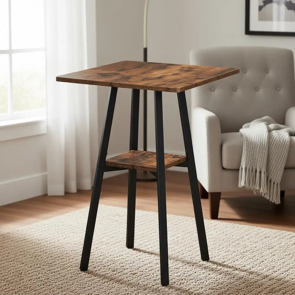 

Двухуровневый высокий стол для бара, столешница высотой сиденья с местом для хранения, обеденный стол в деревенском стиле коричневого цвета для небольшой кухни или гостиной, простая сборка