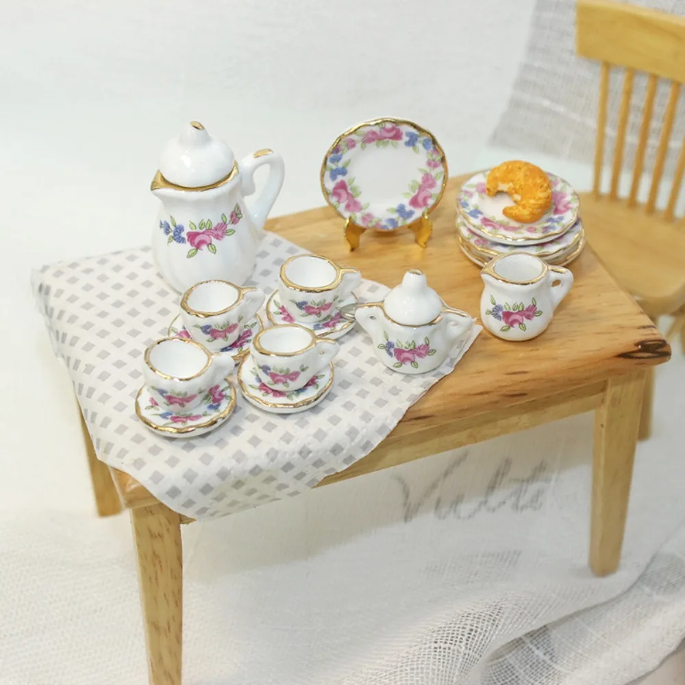 Ceramic Dollhouse Miniature Tea Set Tableware Kettle Doll House Cup Model Set Tray Flower Miniature Porcelain Tea Cup Set