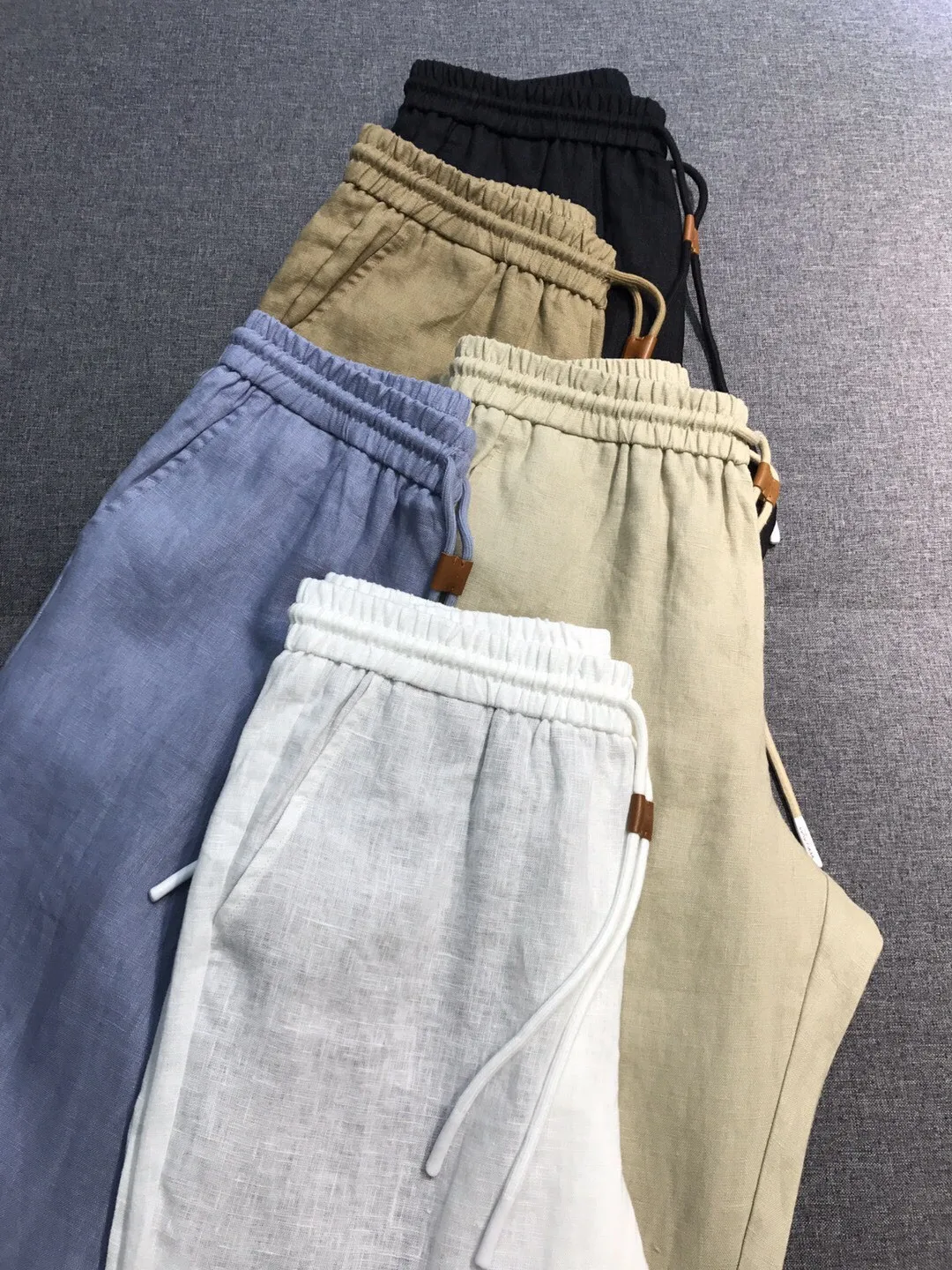 

LP стильные легкие роскошные летние брюки из чистого льна с эластичной резинкой на талии и завязкой на талии, маленькие повседневные брюки с прямыми штанинами