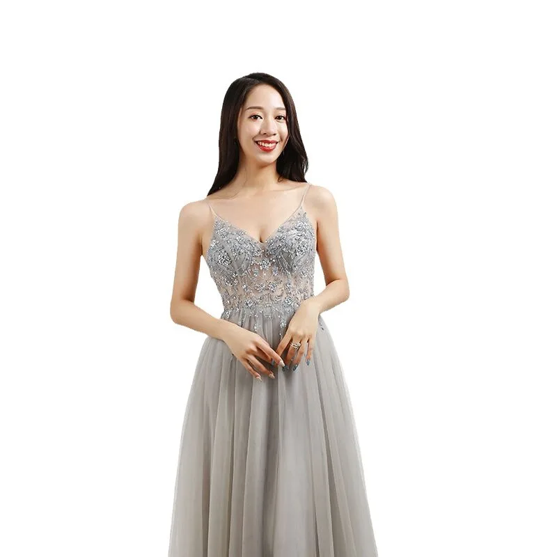 2024 Long Sexy See Through Beaded Crystal Prom Dresses a-line Split Tulle con scollo a V Spaghetti Strap abito da sera formale