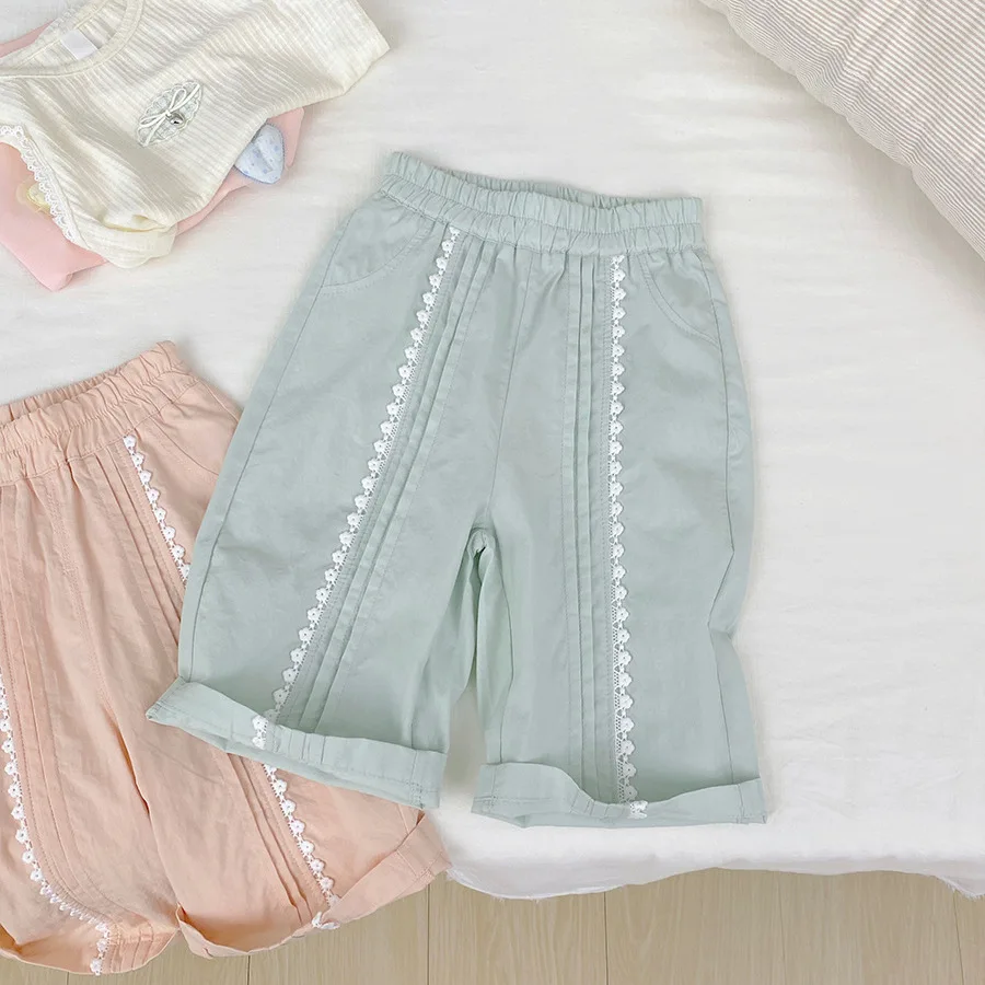 Girls Straight Leg Wide Leg Pants with Lace and Lace Versatile Countryside Summer New Style Childrens Clothing Korean Style