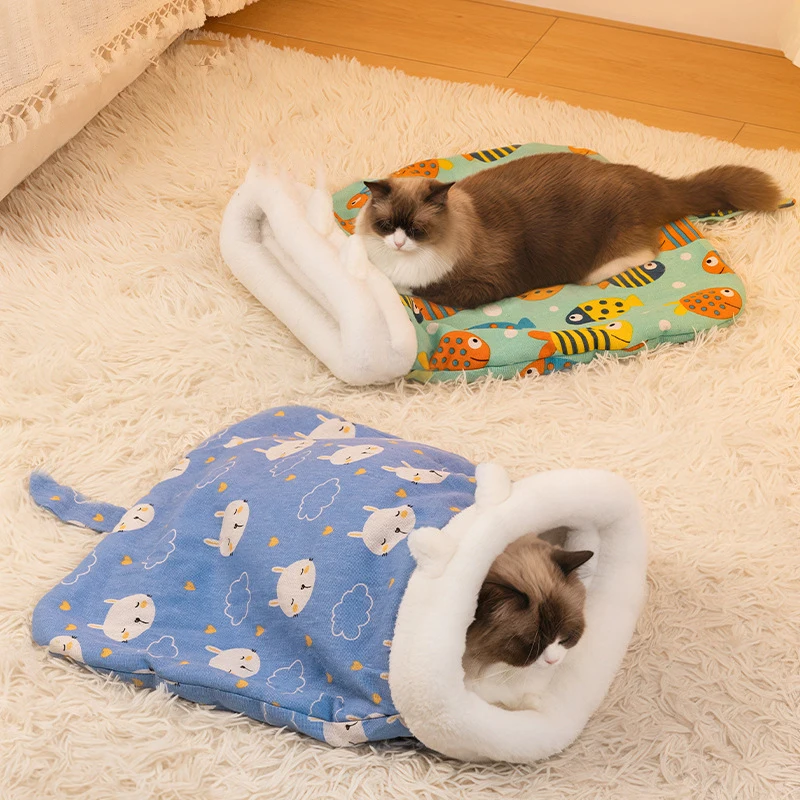 Funny Ear Cat Winter Sleeping Bag Soft Cuddly Enclosed Fluffy Drilling Nest Semi Kitten Litter Soft Warm Cozy Pet Bed Supplies