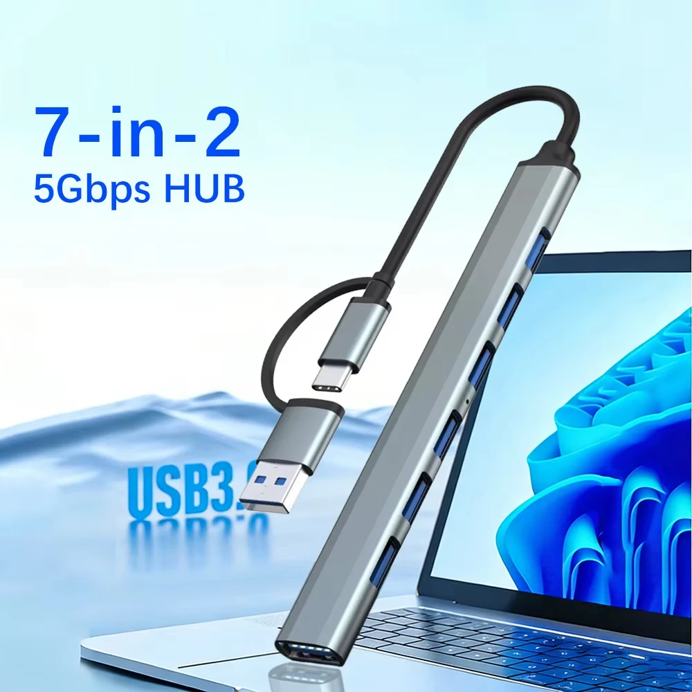 USB 3.0 HUB 7-In-2 OTG Expander Docking Station Multiport Splitter High Speed Data Transfer Adapter For PC Laptop Mouse Keyboard