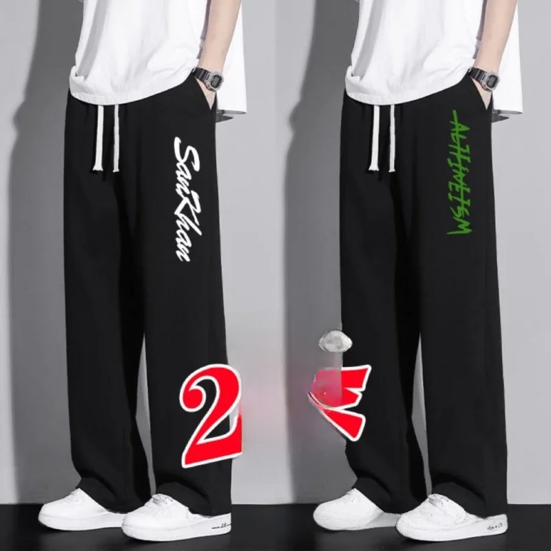 

Мужские тонкие спортивные повседневные брюки на весну и осень, свободные брюки больших размеров с модным принтом, прямые брюки, универсальные, удобные, хорошо сидящие.