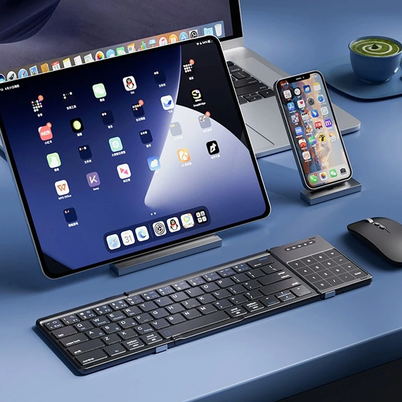 Triple Channel Bluetooth Folding Keyboard, Dual Mode Touch Number & Trackpad, Anti-Slip Leather Cover Portable Travel Keyboard