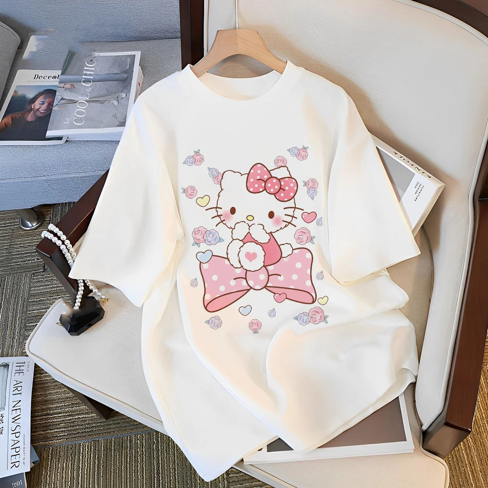 T-shirts Women\'s Cotton Hello Kitty Y2K Tee Shirts Anime Kawaii Sanrio Teacup Melody Cartoons Harajuku Casual Clothes Streetwear