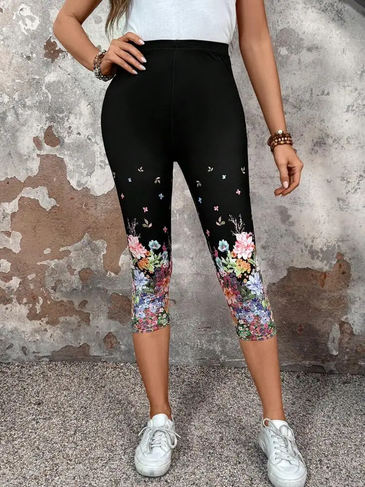 Floral print elastic elastic waist slim-fit women\'s leggings casual skinny capri pants