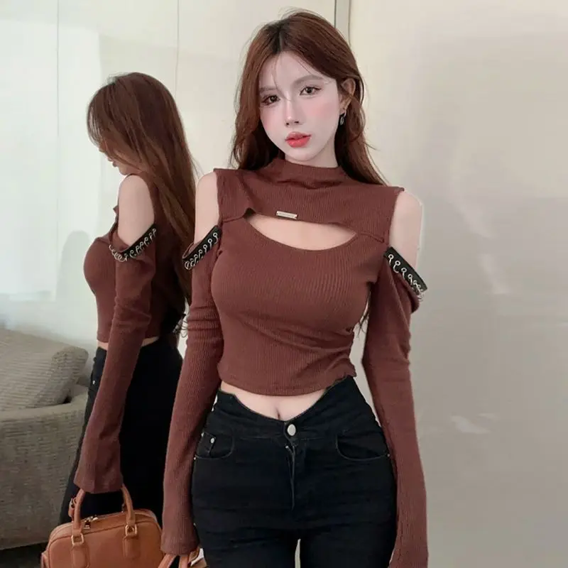 فاسق تي شيرتات طويلة الأكمام للنساء مثير الجوف خارج خارج الكتف المحاصيل القمم موضة الأمريكية كول الشارع الشهير Hotsweet الفتيات تيز