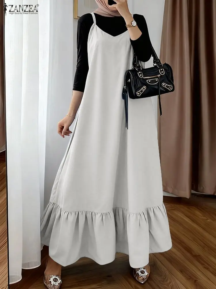 

ZANZEA 2022, мусульманское платье Абая, женское стильное платье на бретелях, однотонное платье с рюшами по подолу, летние комбинезоны, платье, осенняя мода, рабочий сарафан