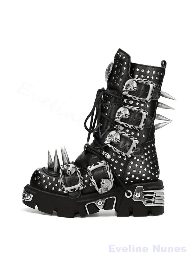 Gothic Halloween Cosplay Mid‑Calf Boots Men Skull Buckle Rivet Lace‑Up Platform Motorcycle Boots Fashion Punk Rock Combat Boots - view 5