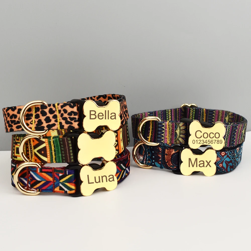 Custom Engraved Ethnic Style Dog Collar with Nameplate for Small Medium Large Dogs Pet Supplies with Matching Leash