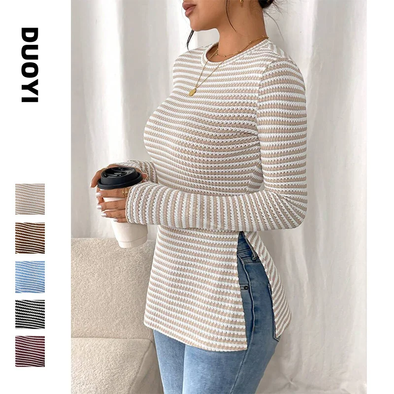 

New Round Neck Slit Long Sleeve Versatile Casual Women's Base Shirt T-shirt