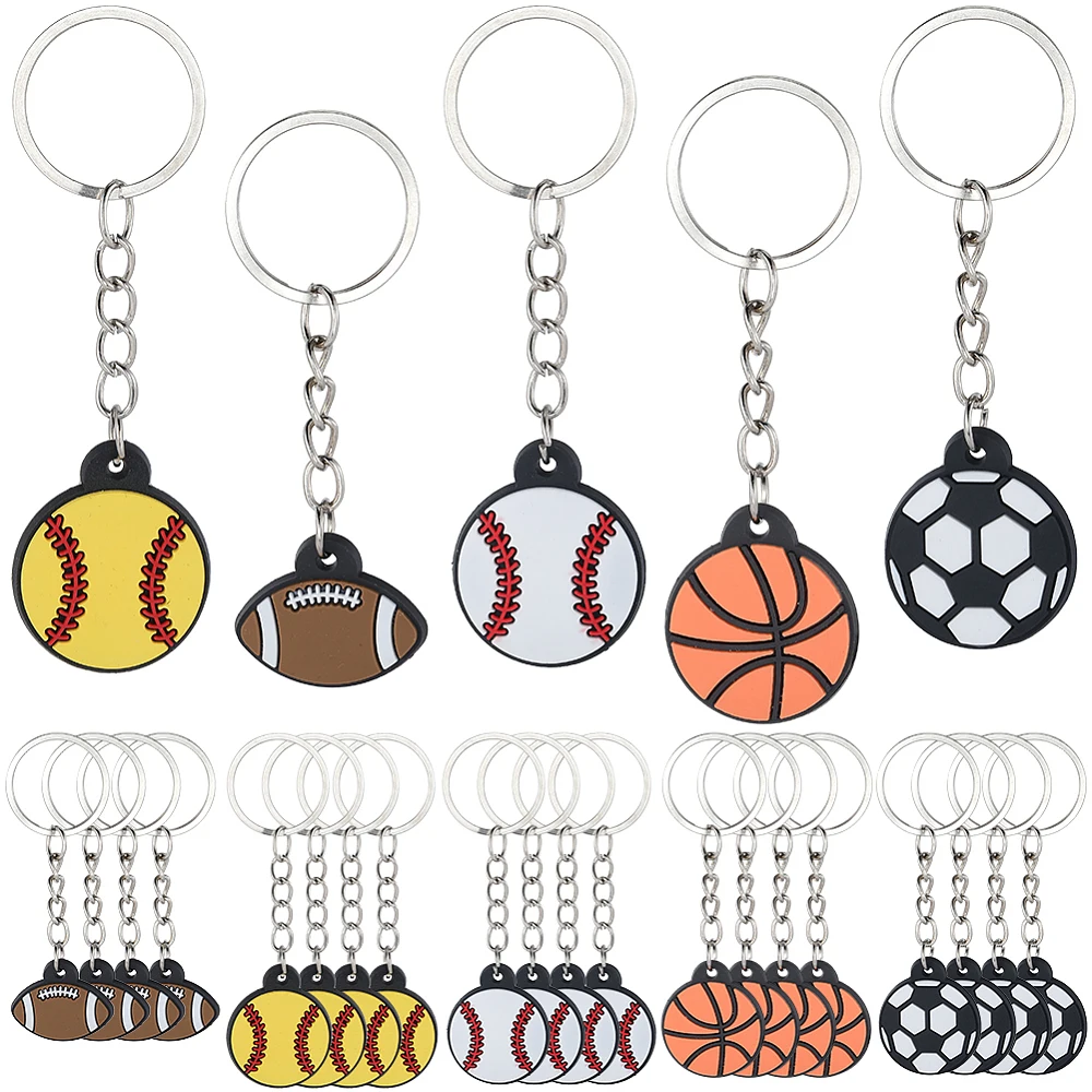 1 Caja de 25 Llaveros Deportivos de 5 Estilos, Llaveros con Temática Deportiva, Llaveros Planos Redondos Coloridos de Fútbol, Béisbol, Baloncesto, Anillo de Llavero de Aleación