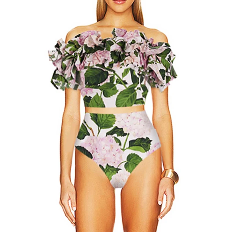 Bikini de flores para mujer, traje de baño de dos piezas con volantes verdes, sin tirantes, cintura media, Sexy