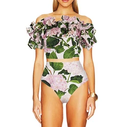 Cute Women Flower Bikini Swimsuit Green Ruffle Hem Strapless Brief Biquini Two Piece Female Sexy Mid Waist Swimwear Bathing Suit