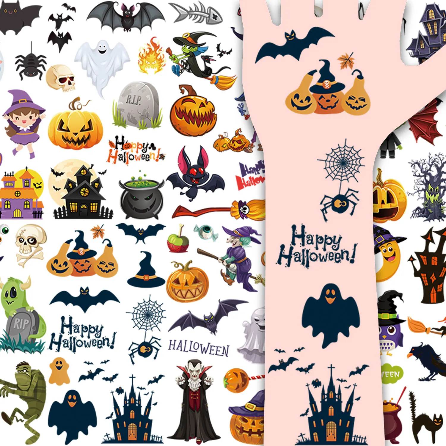 Festive Halloween Temporary Tattoos Stickers: 10 Sheets with 98 Spooky Designs Featuring Pumpkins, Bats, Witches, Ghosts