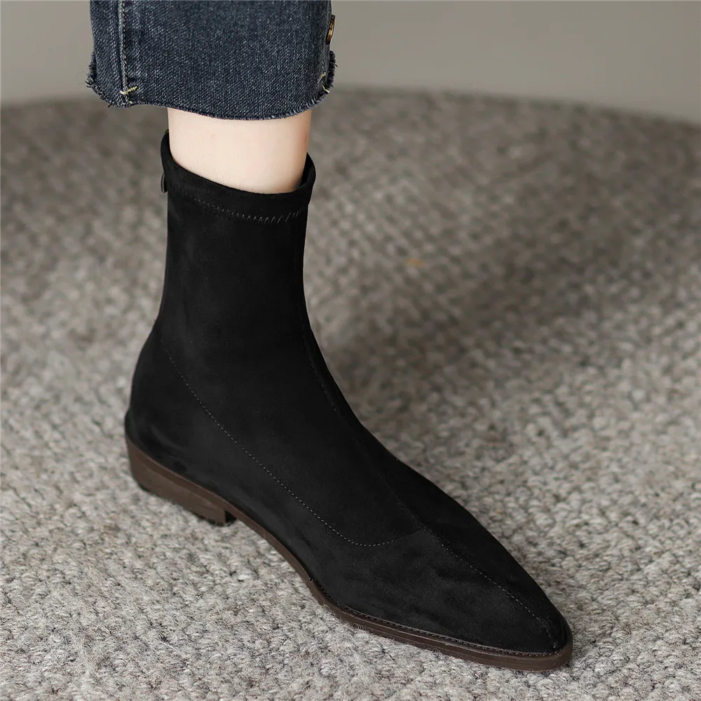 Women Ankle Boots British Style Plus Size Zip Stretch Boots Casual Flock European American Boots Women Daily Office Lady Footwea